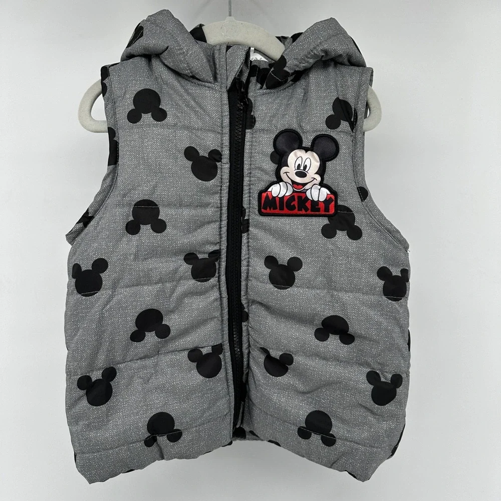 Disney Junior Mickey Mouse Hooded Puffer Vest Gray Black Ears 2T 20V1706MM EUC